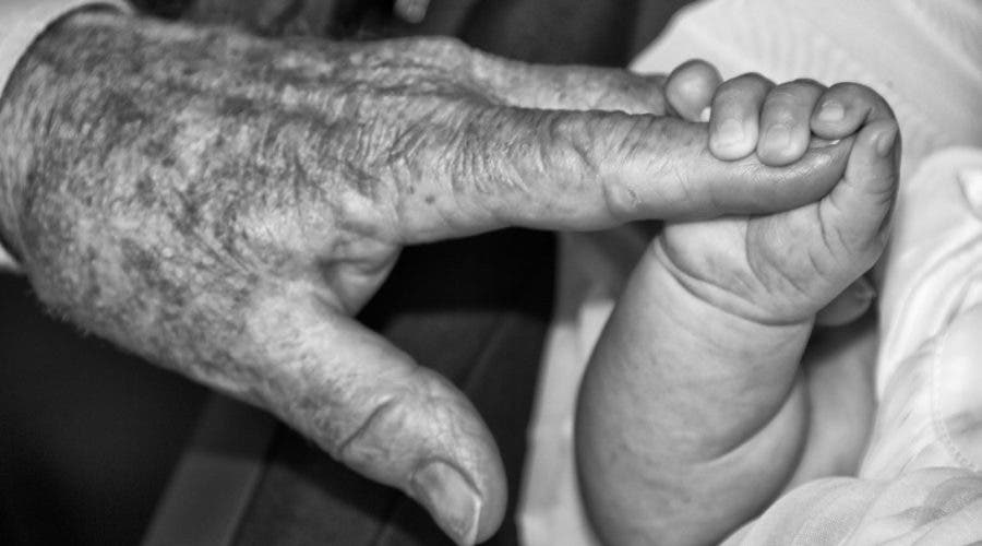 baby hand squeezing a grandparent's finger